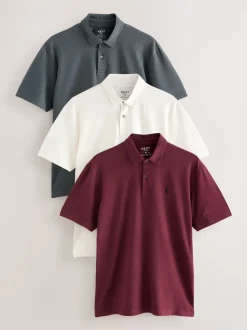 Burgundy Red/Charcoal Grey/Ecru Cream Plain Short Sleeve Jersey Polo Shirts 3 Pack