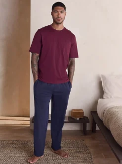 Burgundy Red/Navy Blue Short Sleeve Jersey Pyjamas Set