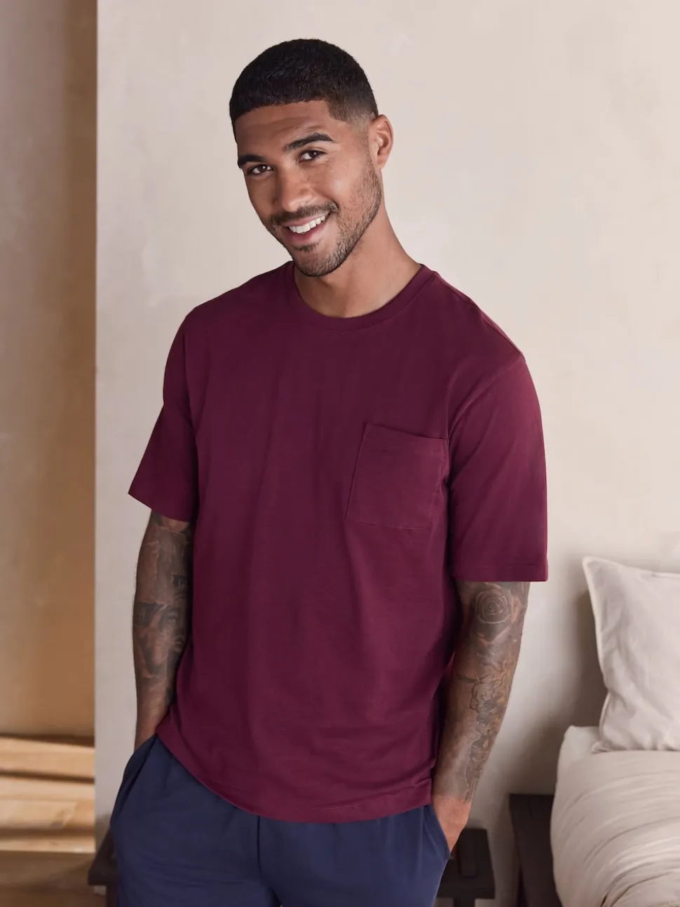 Burgundy Red/Navy Blue Short Sleeve Jersey Pyjamas Set