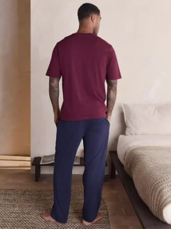 Burgundy Red/Navy Blue Short Sleeve Jersey Pyjamas Set