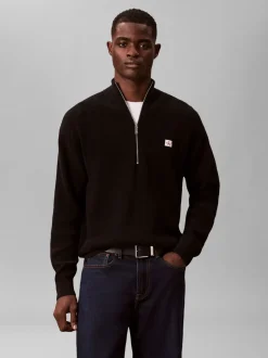 Calvin Klein Black Cotton Waffle Relaxed Quarter Zip Jumper