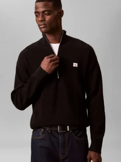 Calvin Klein Black Cotton Waffle Relaxed Quarter Zip Jumper