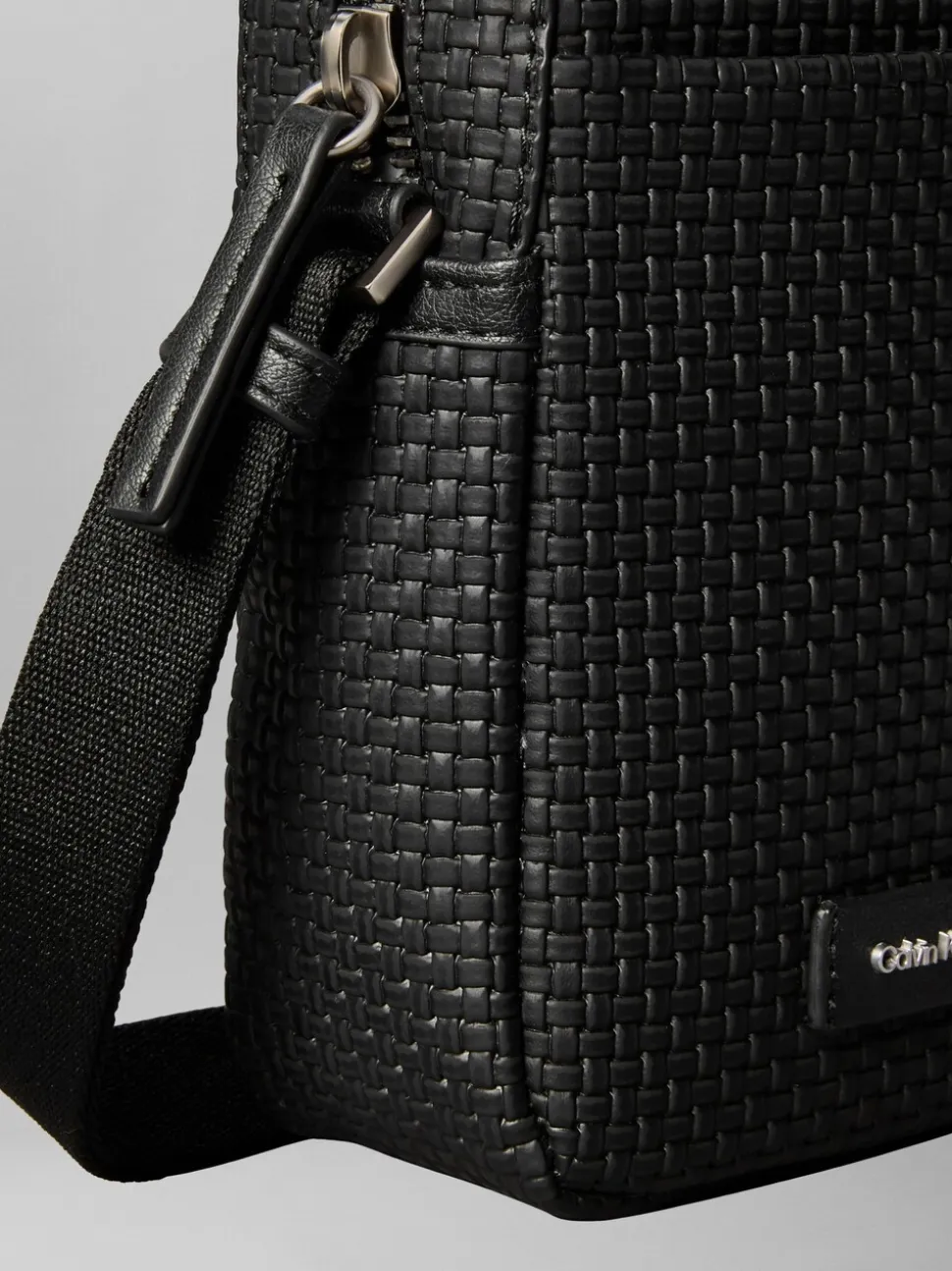 Calvin Klein Black Embossed Woven Slim Reporter Bag