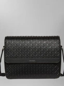 Calvin Klein Black Embossed Emblem Logo Flap Messenger Bag