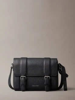 Calvin Klein Black Leather Flap Messenger Bag