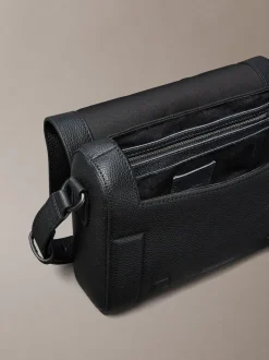 Calvin Klein Black Leather Flap Messenger Bag