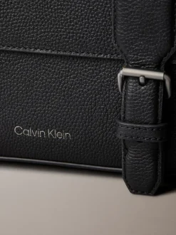 Calvin Klein Black Leather Flap Messenger Bag