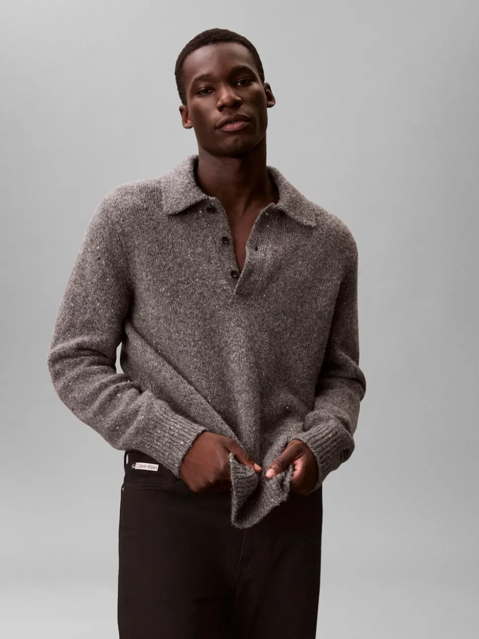 Calvin Klein Grey Wool Blend Relaxed Polo Jumper
