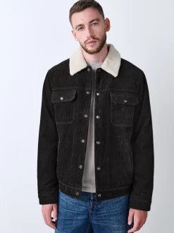 Charcoal Grey Corduroy Borg Lined Trucker Jacket