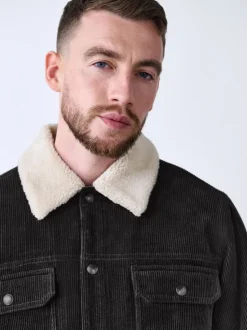 Charcoal Grey Corduroy Borg Lined Trucker Jacket