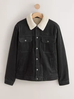 Charcoal Grey Corduroy Borg Lined Trucker Jacket