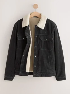 Charcoal Grey Corduroy Borg Lined Trucker Jacket
