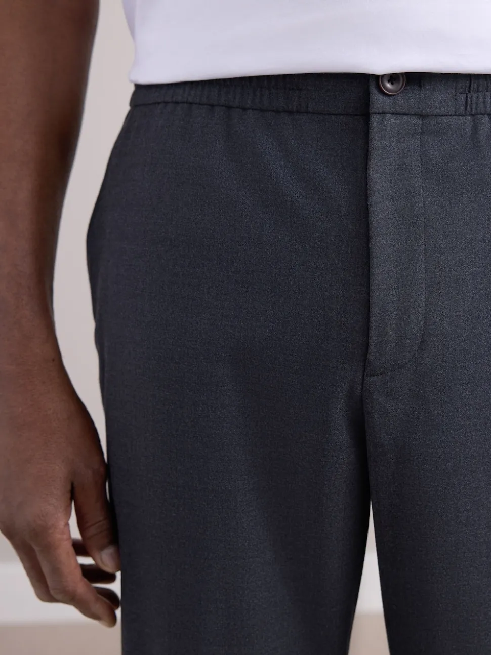 Charcoal Grey Elasticated Waist Wool Rich Textured Formal Trousers