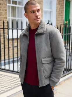 Charcoal Grey Faux Suede Borg Lined Jacket