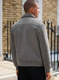 Charcoal Grey Faux Suede Borg Lined Jacket