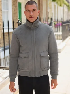 Charcoal Grey Faux Suede Borg Lined Jacket
