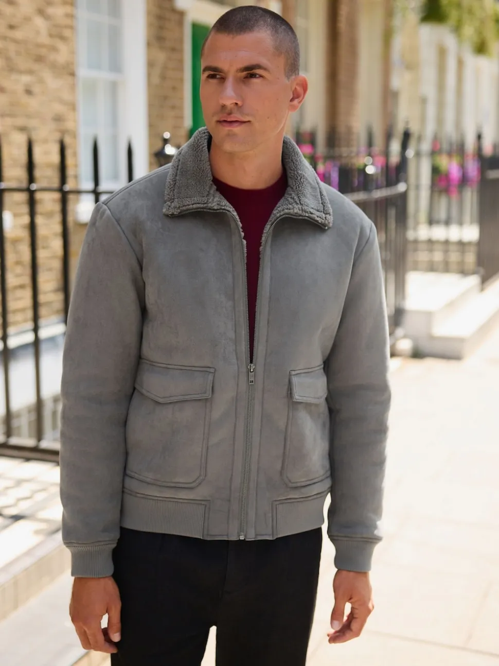 Charcoal Grey Faux Suede Borg Lined Jacket