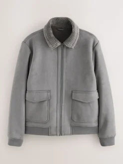 Charcoal Grey Faux Suede Borg Lined Jacket