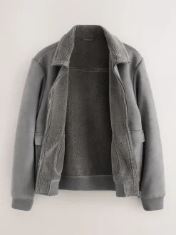 Charcoal Grey Faux Suede Borg Lined Jacket