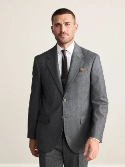 Charcoal Grey Regular Fit Signature Marzotto 100% Italian Wool Herringbone Suit Jacket