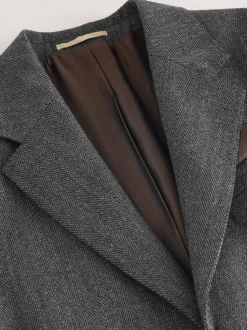 Charcoal Grey Regular Fit Signature Marzotto 100% Italian Wool Herringbone Suit Jacket