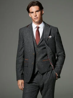 Charcoal Grey Regular Fit Wool Blend Trimmed Suit Jacket