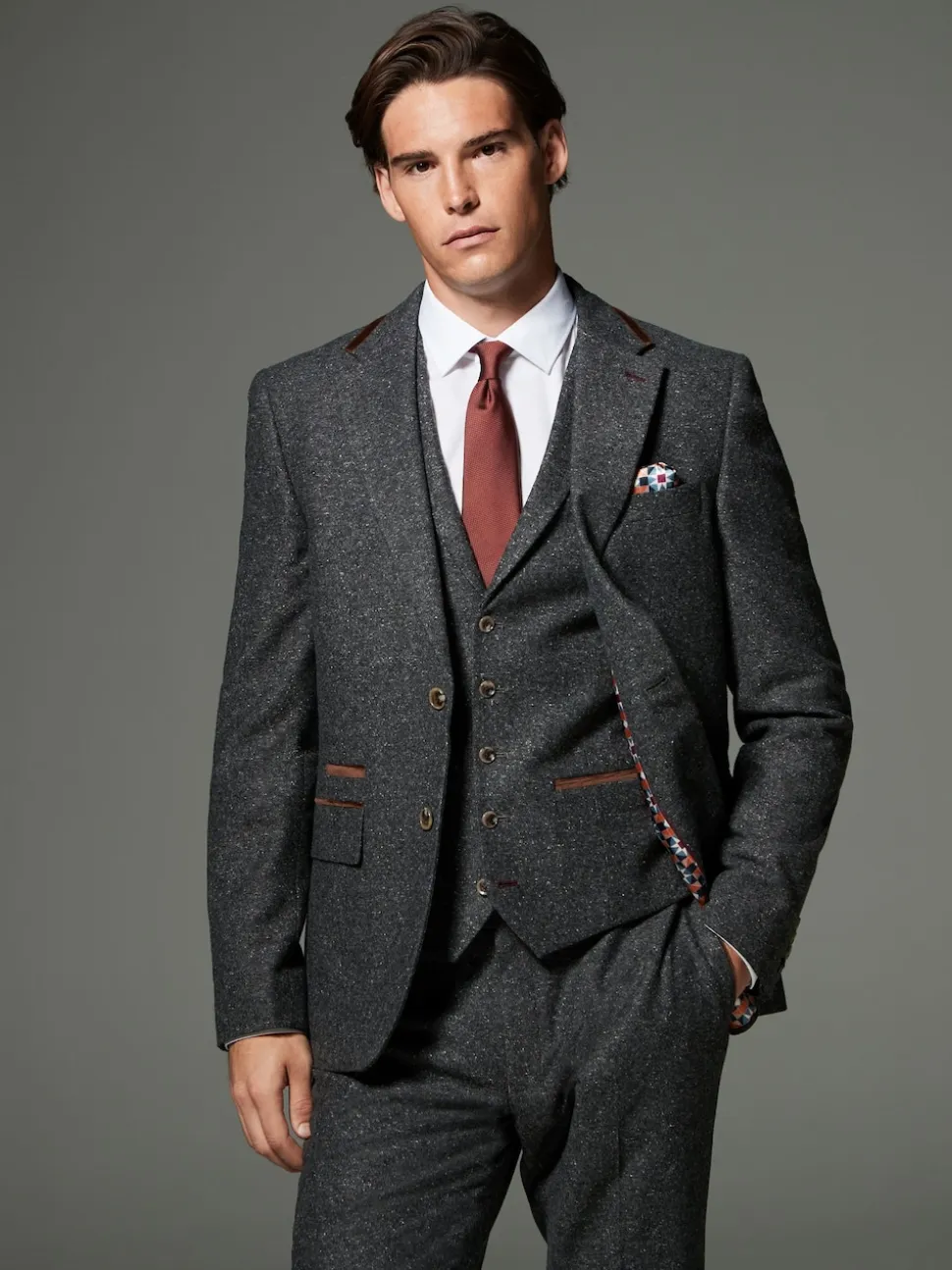 Charcoal Grey Regular Fit Wool Blend Trimmed Suit Jacket