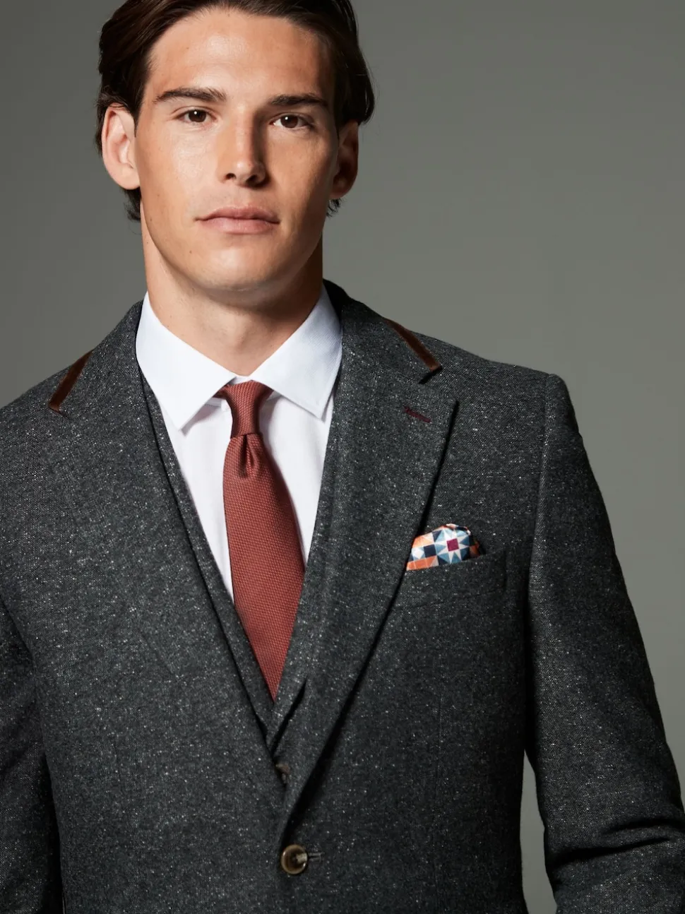 Charcoal Grey Regular Fit Wool Blend Trimmed Suit Jacket