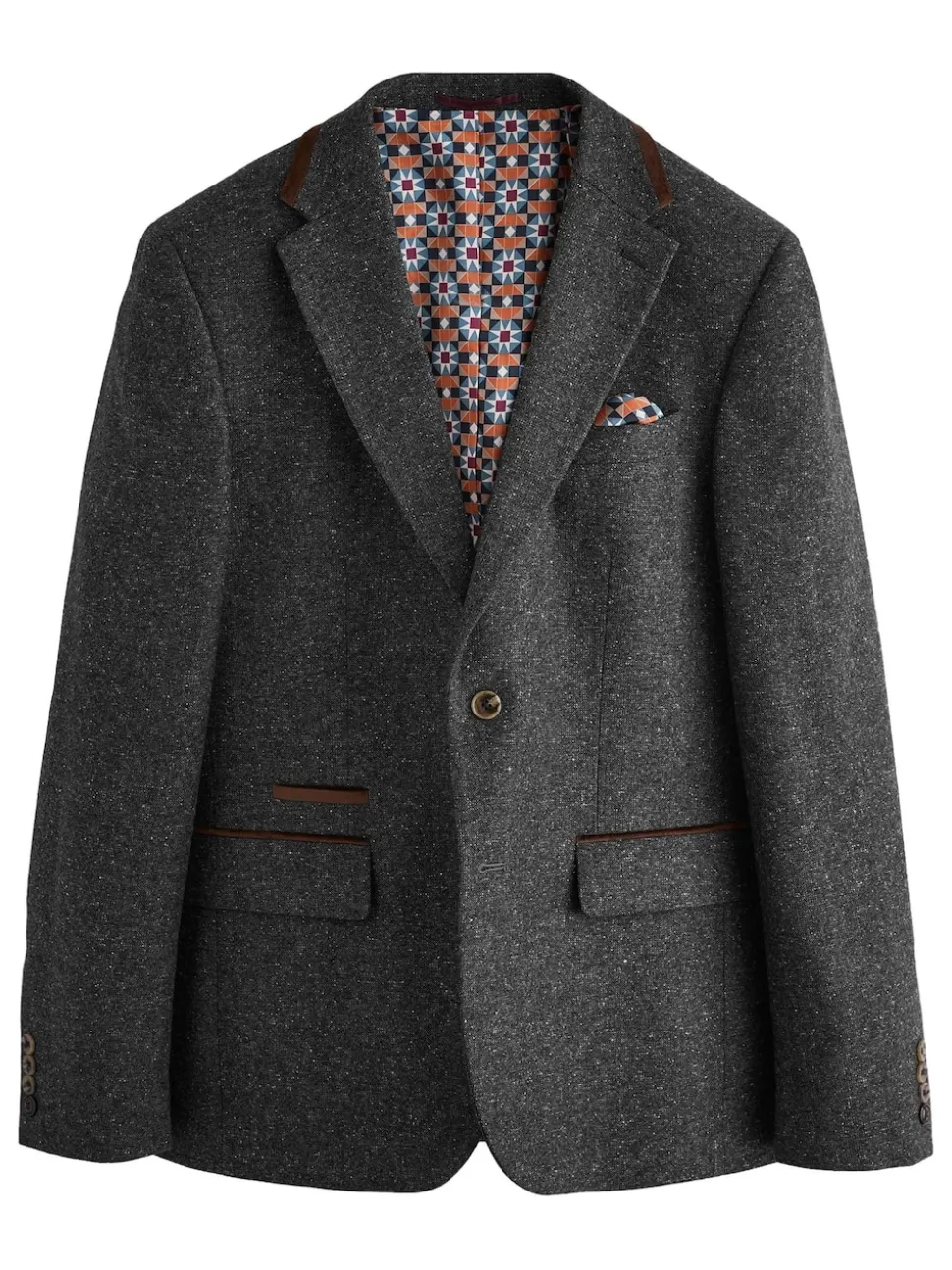 Charcoal Grey Regular Fit Wool Blend Trimmed Suit Jacket