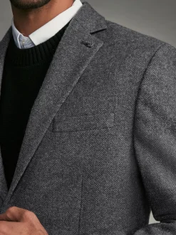 Charcoal Grey Regular Fit Wool Rich Herringbone Blazer