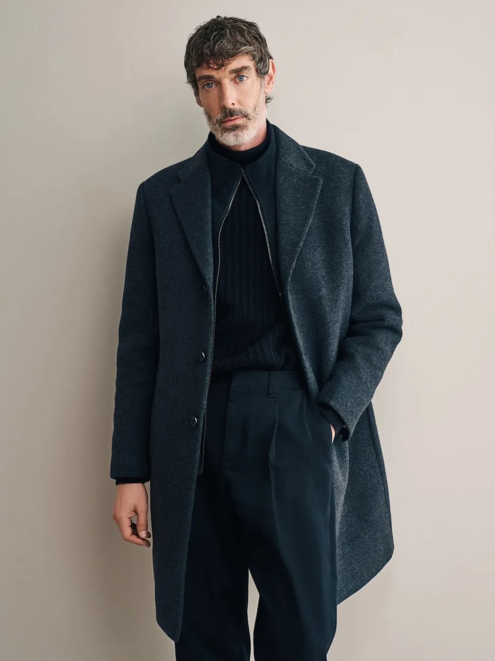 Charcoal Grey Signature Soft Touch Wool Rich Padded Italian Fabric Funnel Neck Coat