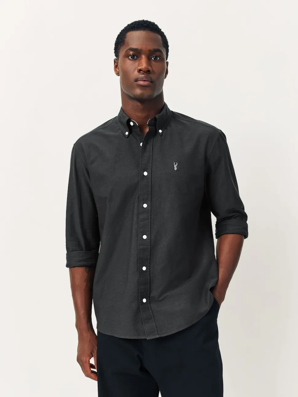 Charcoal Grey Slim Fit Long Sleeve Oxford Shirt