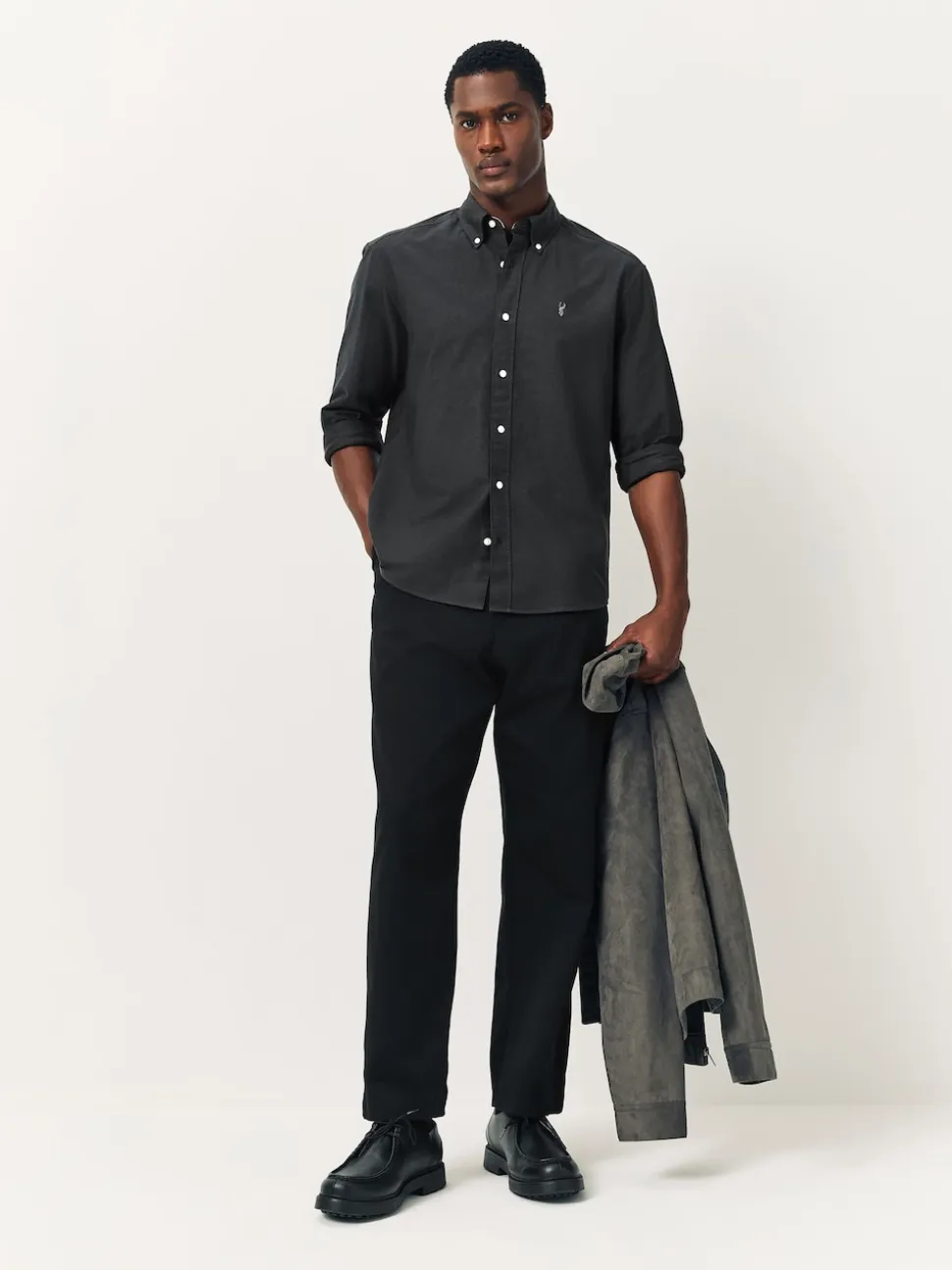 Charcoal Grey Slim Fit Long Sleeve Oxford Shirt