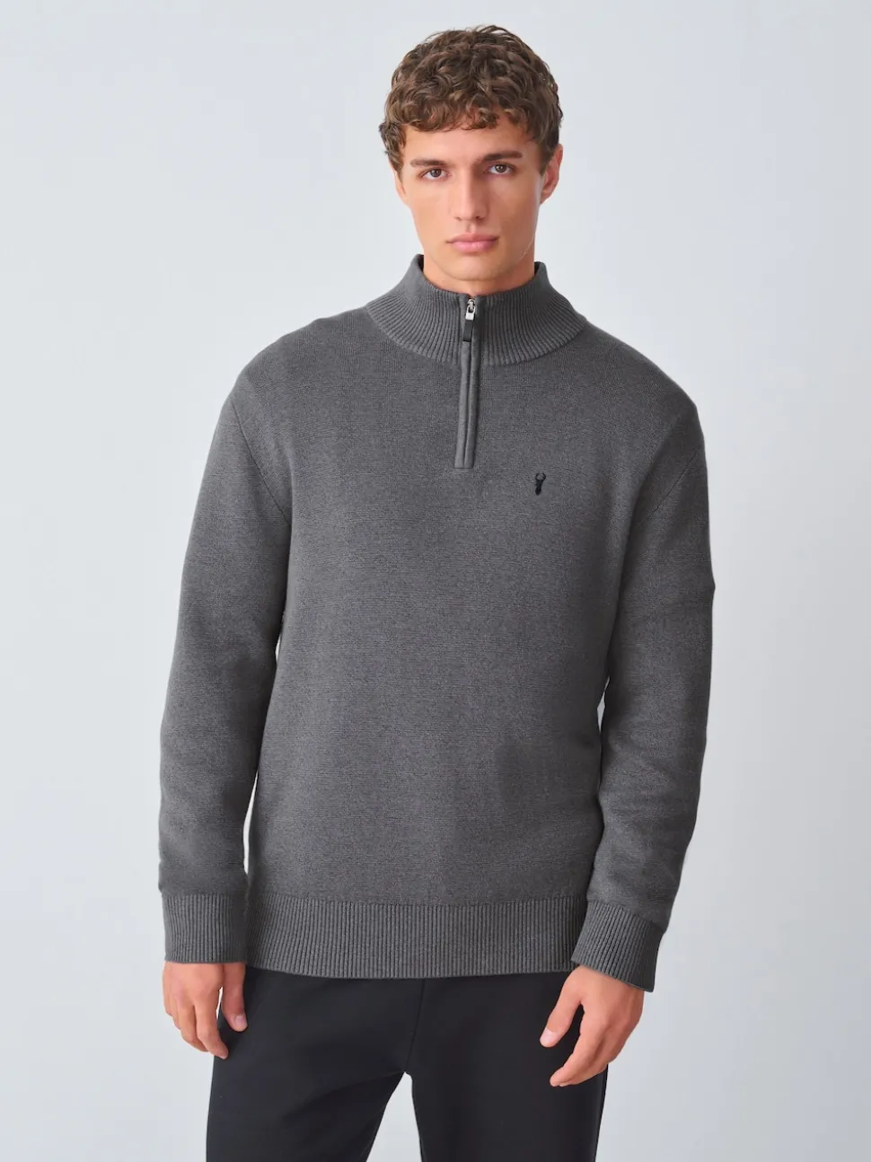 Charcoal Grey Stag Logo N.Premium Regular Fit 100% Cotton Premium Quarter Zip Jumper