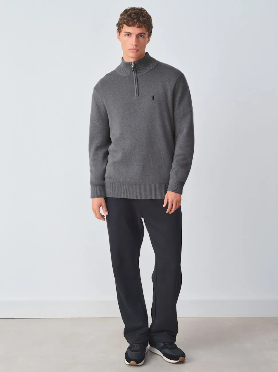 Charcoal Grey Stag Logo N.Premium Regular Fit 100% Cotton Premium Quarter Zip Jumper