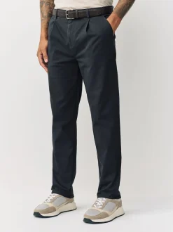 Charcoal Grey Straight Fit Belted Soft Touch Pleated Chino Trousers