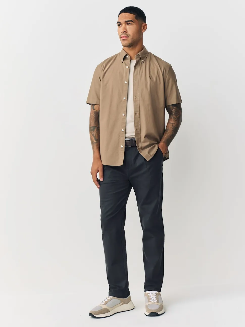 Charcoal Grey Straight Fit Belted Soft Touch Pleated Chino Trousers