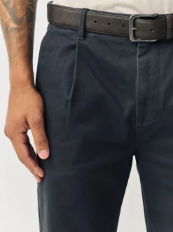 Charcoal Grey Straight Fit Belted Soft Touch Pleated Chino Trousers