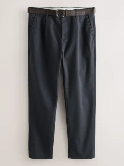 Charcoal Grey Straight Fit Belted Soft Touch Pleated Chino Trousers