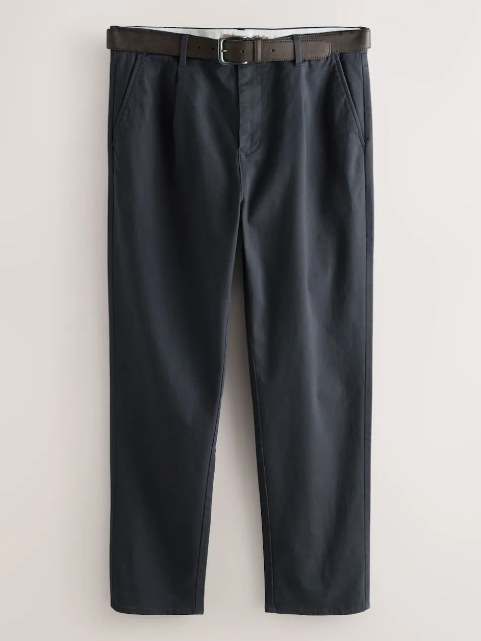 Charcoal Grey Straight Fit Belted Soft Touch Pleated Chino Trousers