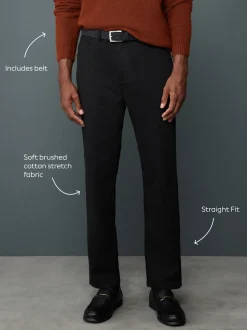 Charcoal Grey Straight Fit Smart Brushed Cotton TENCEL™ Lyocell Blend Chinos With Belt