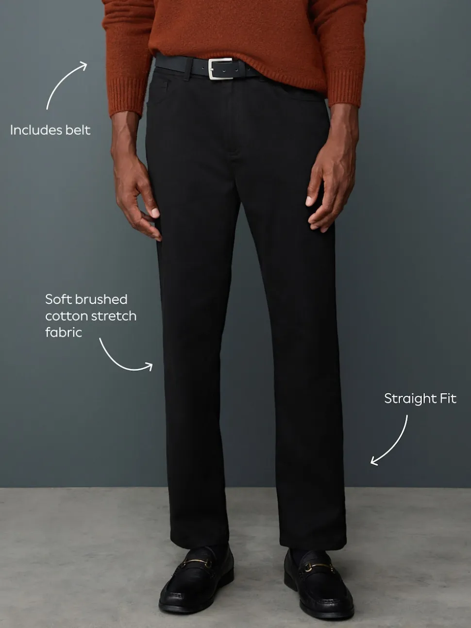 Charcoal Grey Straight Fit Smart Brushed Cotton TENCEL™ Lyocell Blend Chinos With Belt