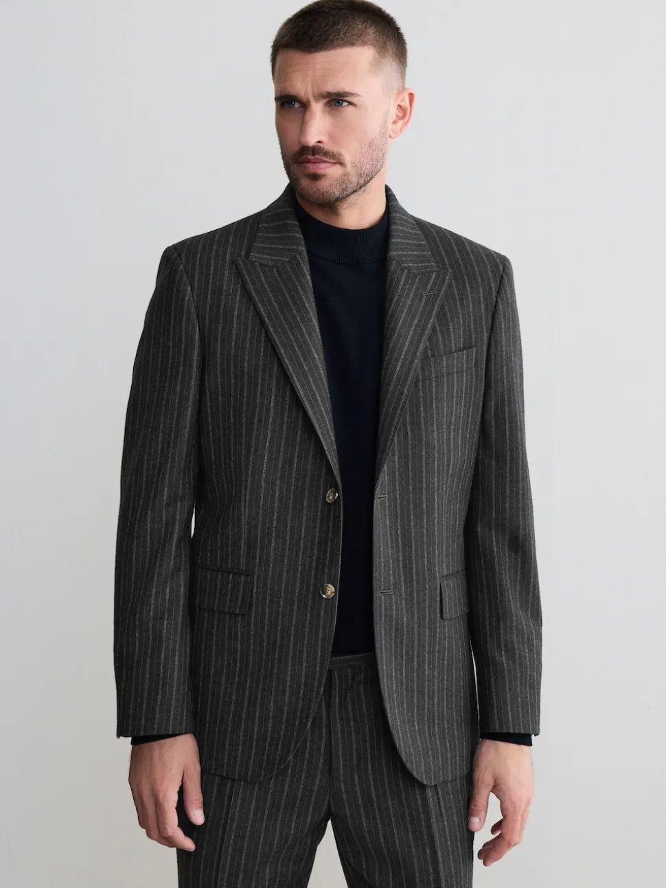 Charcoal Grey Tailored Fit Tailored Fit Signature Empire Mills 100% British Wool Stripe Suit Jacket