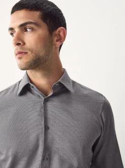 Charcoal Grey Texture Slim Fit Easy Care Textured Trimmed Shirt