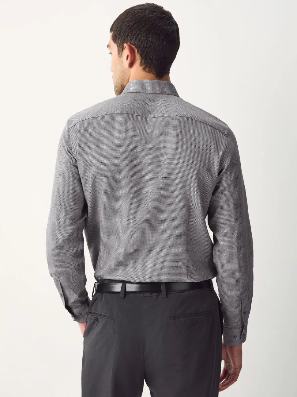 Charcoal Grey Texture Slim Fit Easy Care Textured Trimmed Shirt