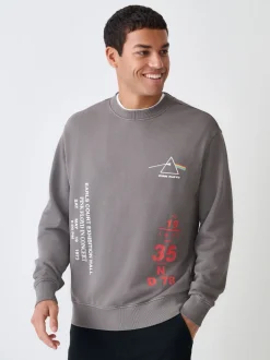 Charcoal Grey Washed Pink Floyd Licence Graphic Crew Sweatshirt