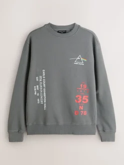 Charcoal Grey Washed Pink Floyd Licence Graphic Crew Sweatshirt