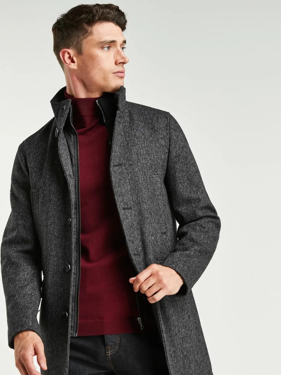 Charcoal Grey Wool Blend Mock Gilet Herringbone Padded Coat