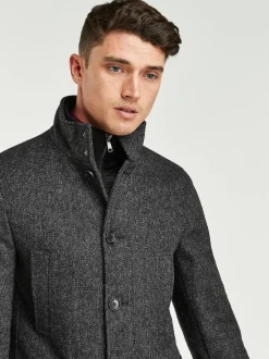 Charcoal Grey Wool Blend Mock Gilet Herringbone Padded Coat
