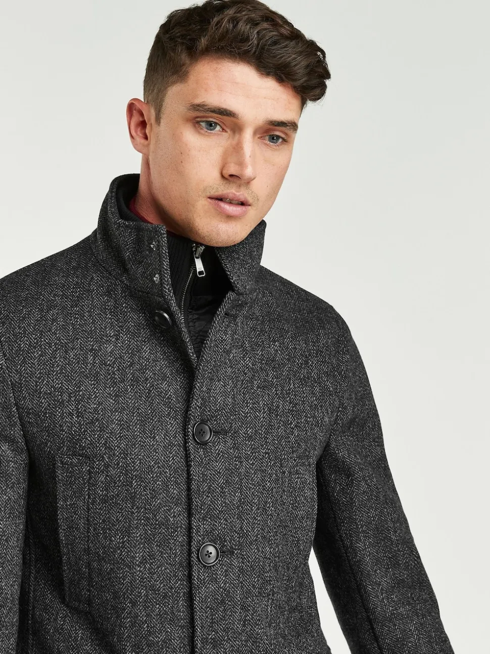 Charcoal Grey Wool Blend Mock Gilet Herringbone Padded Coat